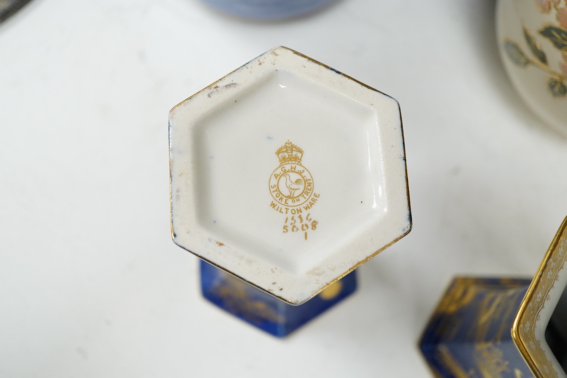 Three pairs of vases to include hexagonal Wilton ware and Delft blue and white, largest 26cm high